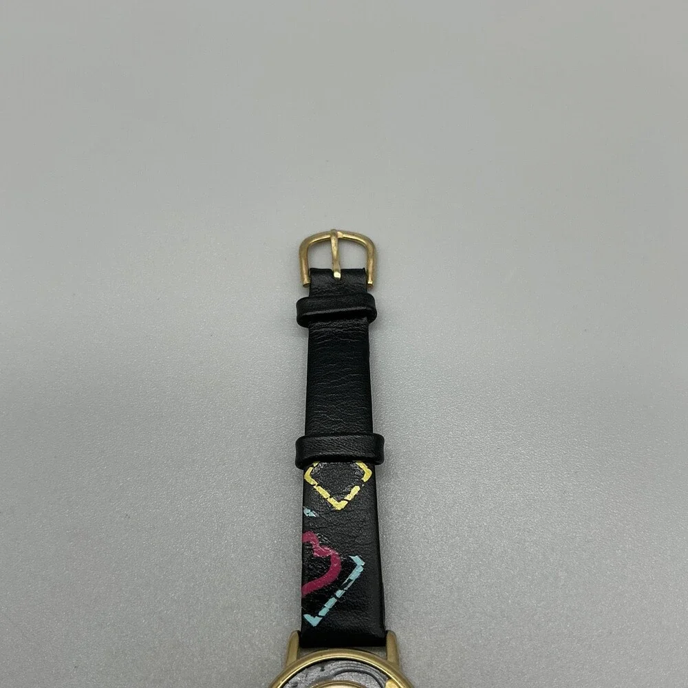 Jennie B Women Watch 24mm White Dial Black Hearts Design Band Gold Tone New Batt